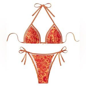 Two Piece Bikini Set SMALL Halter String Triangle Cheeky Swimsuit Orange Floral